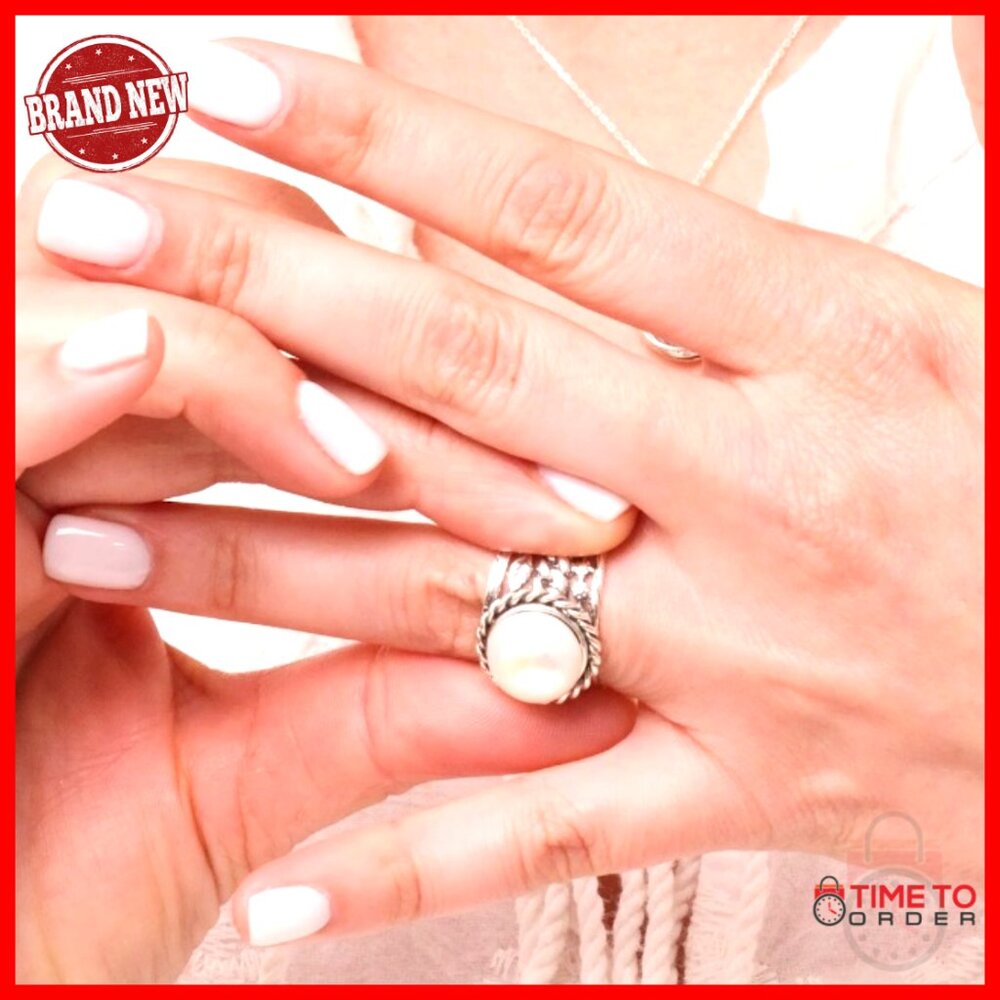 Sterling Silver Statement Ring Braid Leaf Pearl V… - image 7